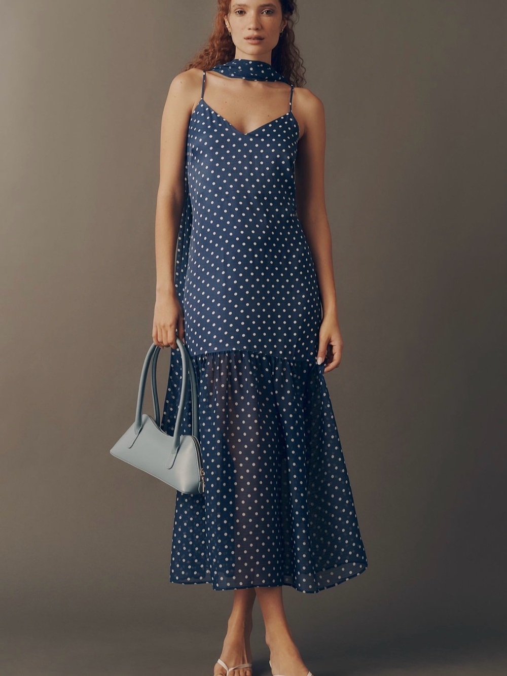 Anthropologie Maeve Navy Polka Dot Maxi Slip Dress with Scarf